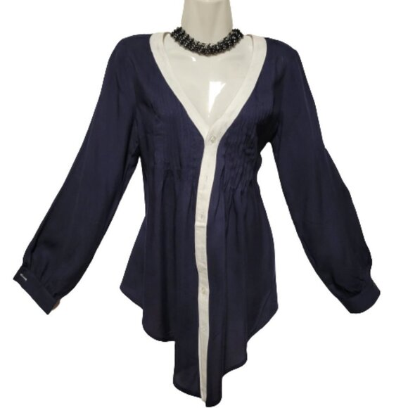 𝅺dark Blue Long Sleeve Cotton Blouse Top with White Trim Various Size S - Picture 2 of 8